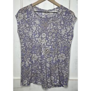 Rachel Ashwell Purple Floral Linen Top Asymmetrical Button Back Cottagecore M